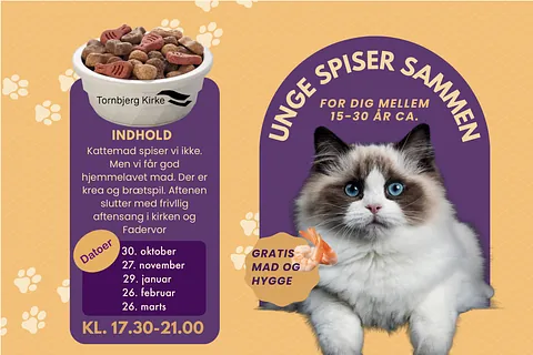 En reklameplakat for Tornbjerg Kirkes event 'Unge spiser sammen'. Designet indeholder billeder af mad, en natlig kirkebygning og en middagsopstilling med salater, brød og tilbehør.