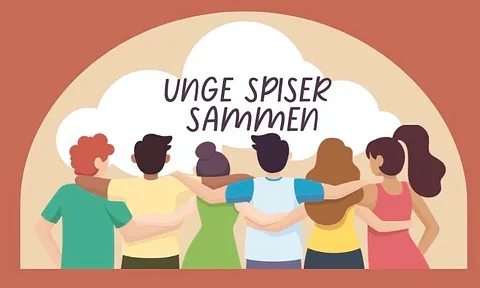 En reklameplakat for Tornbjerg Kirkes event 'Unge spiser sammen'. Designet indeholder billeder af mad, en natlig kirkebygning og en middagsopstilling med salater, brød og tilbehør.